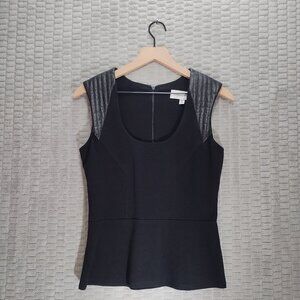 Fifteen Twenty Black Tailored Peplum Top with Lambskin Leather Shoulder-Sz S